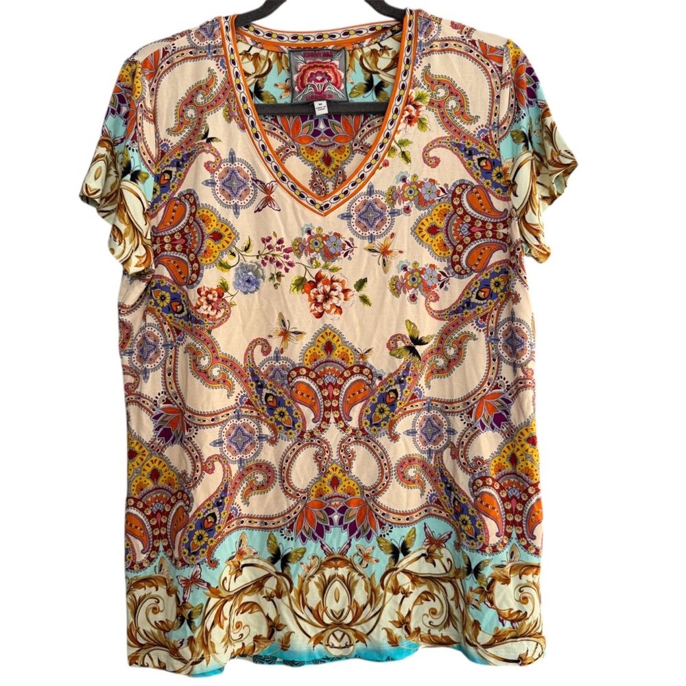 Johnny Was Janie Favorite Short Sleeve V-Neck in Scroll Scarf Sz M